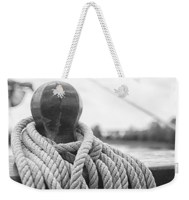 Ship Weekender Tote Bag featuring the photograph Beneath the Sail Coiled Rope by Bob Decker