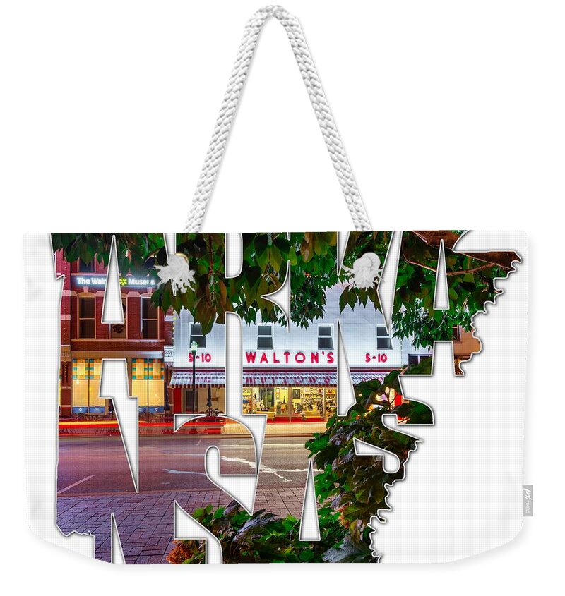 Typography Weekender Tote Bag featuring the photograph Bentonville Arkansas - State Shape Series - Typography - A Night on the Bentonville Square by Gregory Ballos