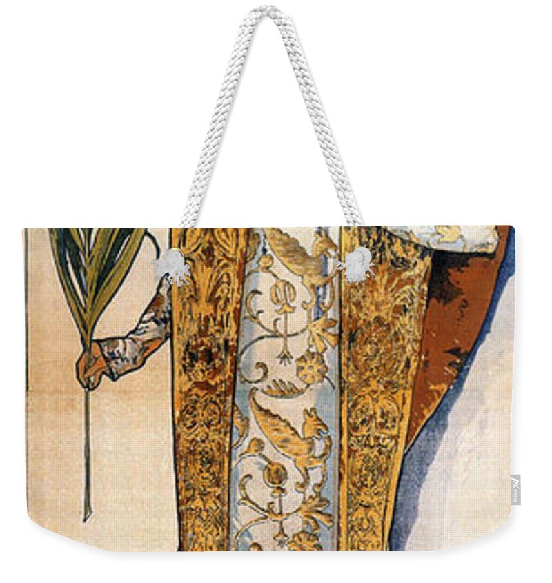 1894 Weekender Tote Bag featuring the drawing Sarah Bernhardt MUCHA POSTER by Alphonse Mucha