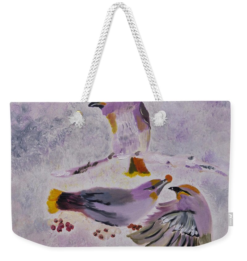 Cedar Waxwings Weekender Tote Bag featuring the painting Berry Party by Meryl Goudey