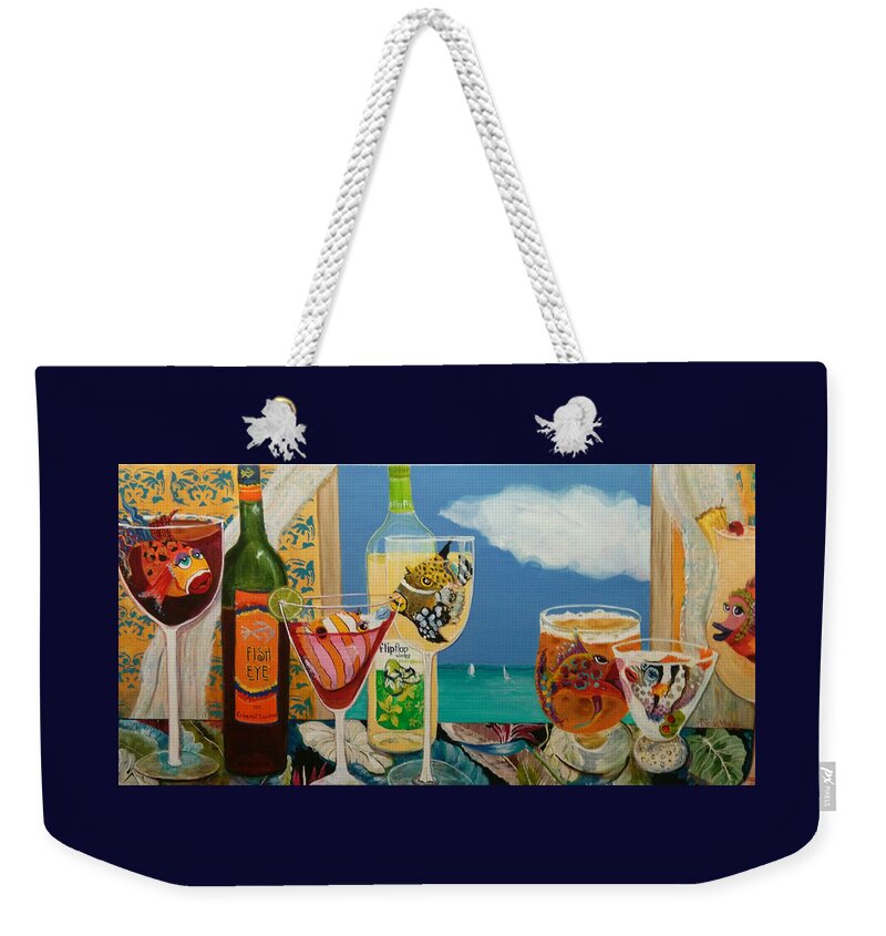 Cocktails Weekender Tote Bag featuring the painting BestFINS at the Beach House by Linda Kegley