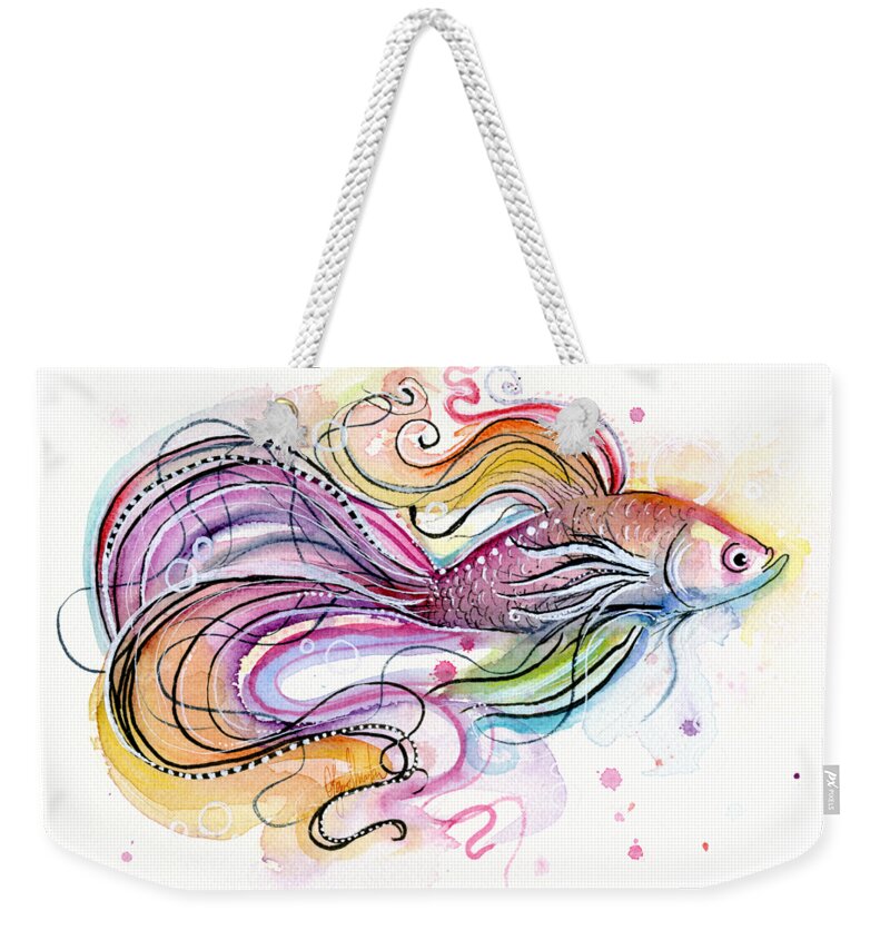 Fish Weekender Tote Bag featuring the painting Betta Fish Watercolor by Olga Shvartsur