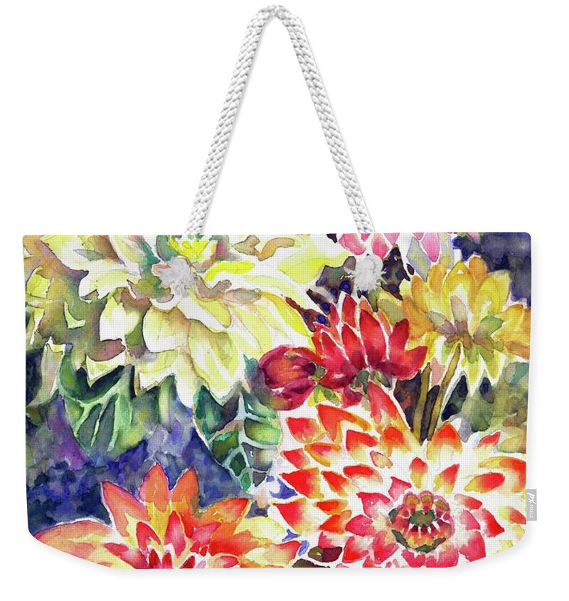 Watercolor Weekender Tote Bag featuring the painting bety's Dahlias by Ann Nicholson