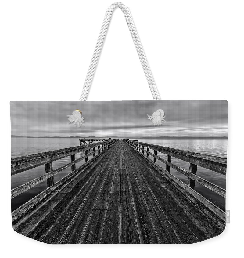 Bevan Fishing Pier Weekender Tote Bag featuring the photograph Bevan Fishing Pier - Black and White by Mark Kiver
