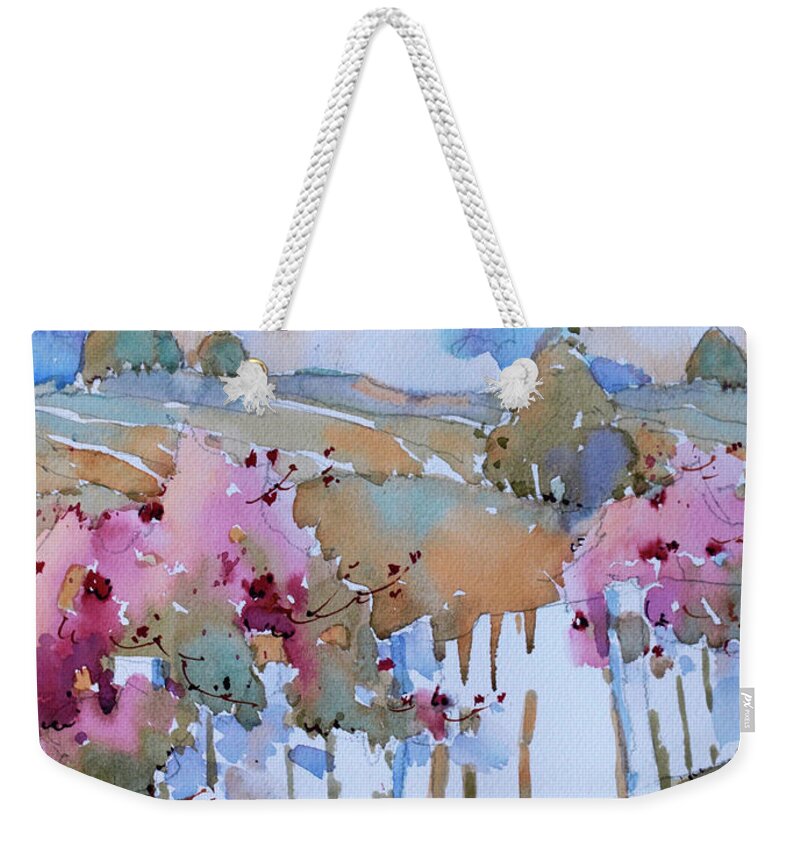 Landscape Weekender Tote Bag featuring the painting Beyond the Picket Fence by Joyce Hicks