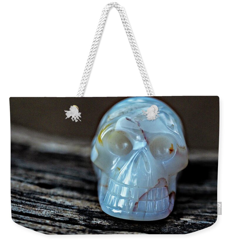 Rebecca Dru Weekender Tote Bag featuring the photograph Bianca, The Merlinite Crystal Skull by Rebecca Dru