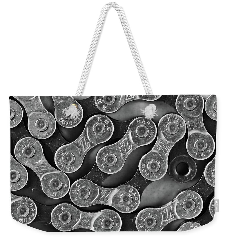 B&w Weekender Tote Bag featuring the photograph Bicycle Chain by Karen Smale