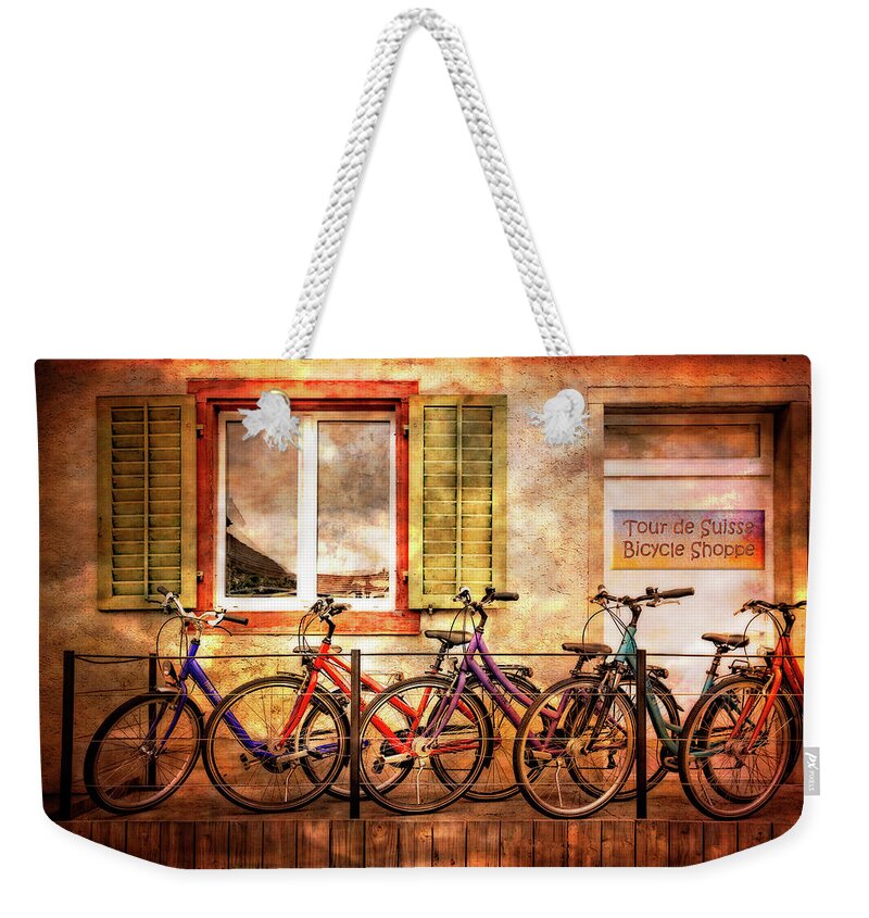 Bike Weekender Tote Bag featuring the photograph Bicycle Line-Up by Debra and Dave Vanderlaan