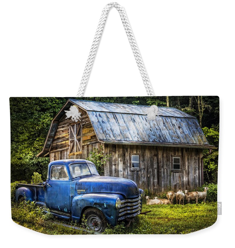 1940s Weekender Tote Bag featuring the photograph Big Blue at the Farm by Debra and Dave Vanderlaan