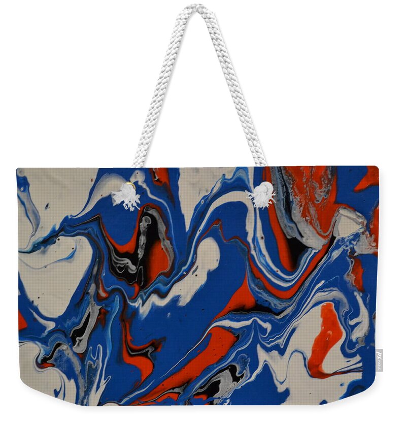 A Abstract Painting Of Large Blue Waves With White Tips. The Waves Are Picking Up Red And Black Sand From The Beach. Some Of The Blue Waves Are Curling Over. Weekender Tote Bag featuring the painting Big Blue Waves by Martin Schmidt