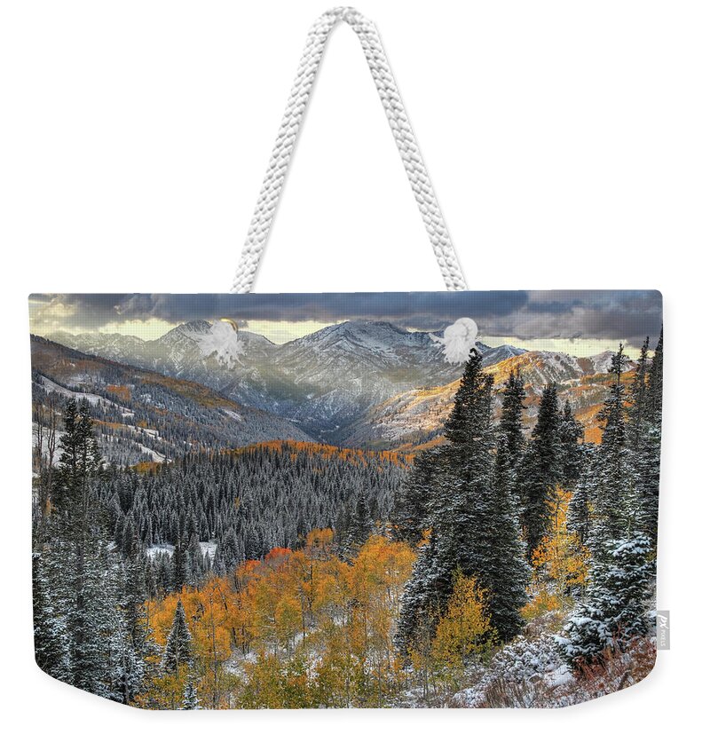 Utah Weekender Tote Bag featuring the photograph Big Cottonwood Canyon Early Snow and Fall Color by Brett Pelletier