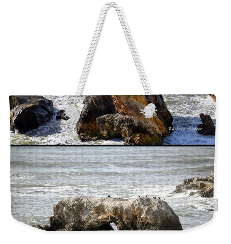 Window Rock Pismo Beach California Weekender Tote Bag featuring the photograph Big Rocks in Grey Water Duo by Barbara Snyder