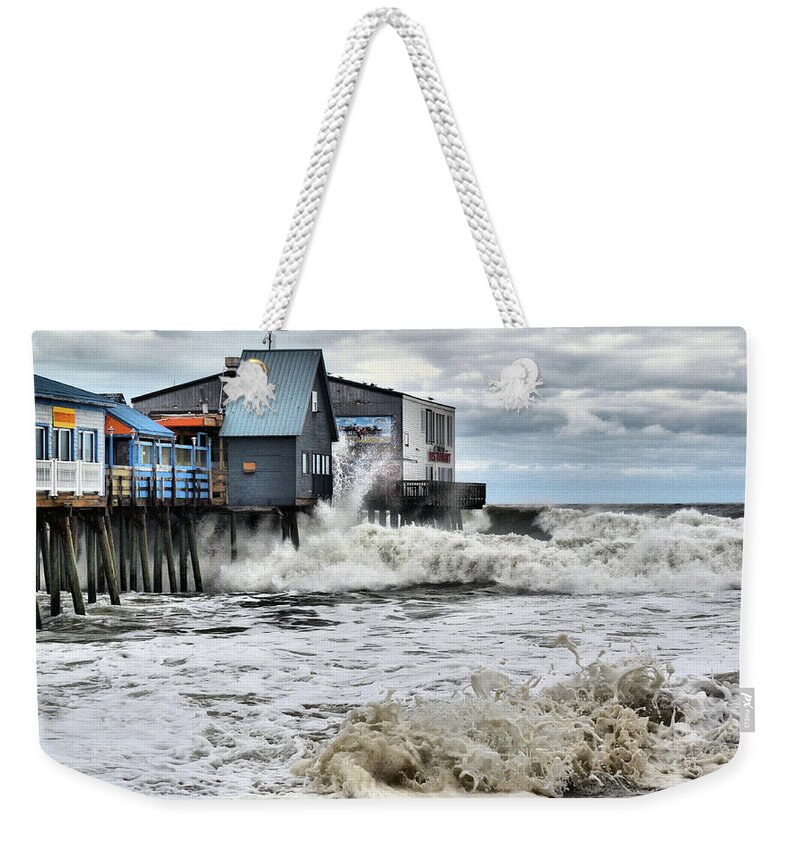 Old Orchard Beach Weekender Tote Bag featuring the photograph Big Waves at the Pier by Colleen Phaedra