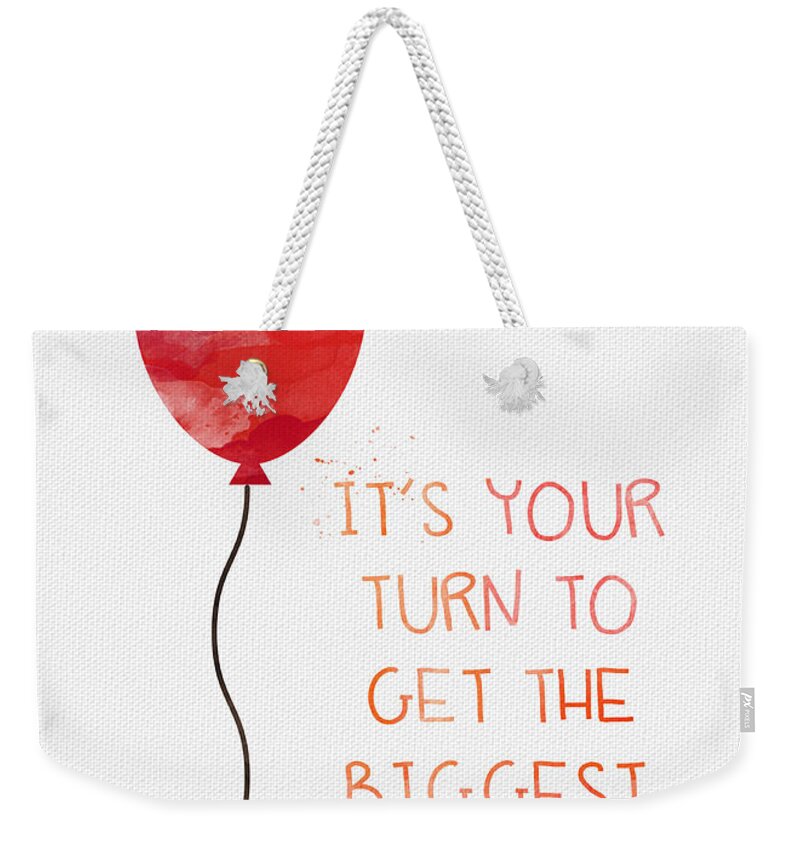 Birthday Weekender Tote Bag featuring the mixed media Biggest Balloon- card by Linda Woods