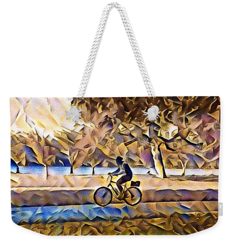 Bike Weekender Tote Bag featuring the painting Bike Riding Along the River by Bill Cannon