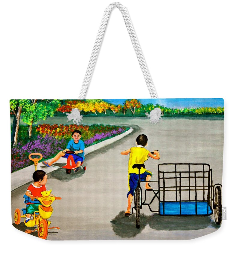 Children Weekender Tote Bag featuring the painting Bikes by Cyril Maza