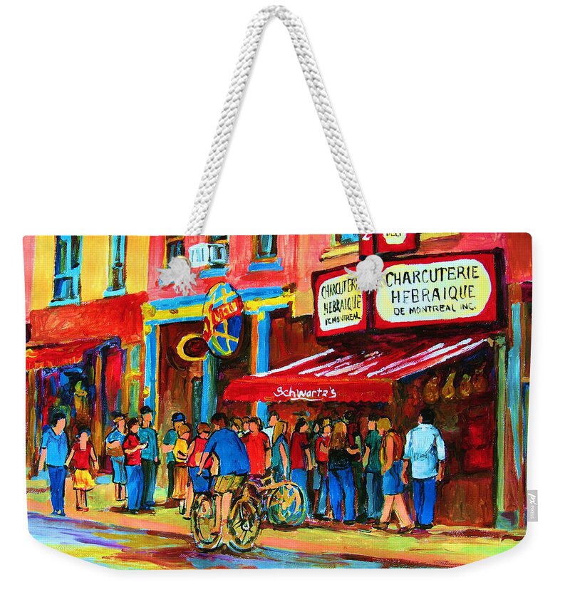 Schwartzs Smoked Meat Deli Weekender Tote Bag featuring the painting Biking Past The Deli by Carole Spandau