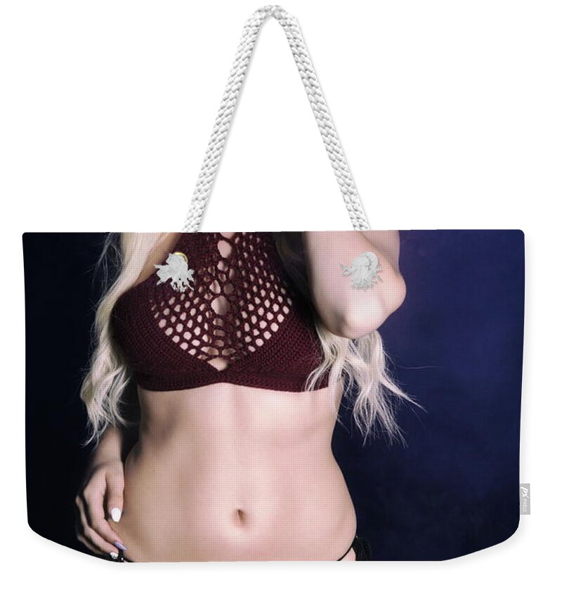 Blonde Weekender Tote Bag featuring the photograph Bikini Blonde on Blue by Monte Arnold