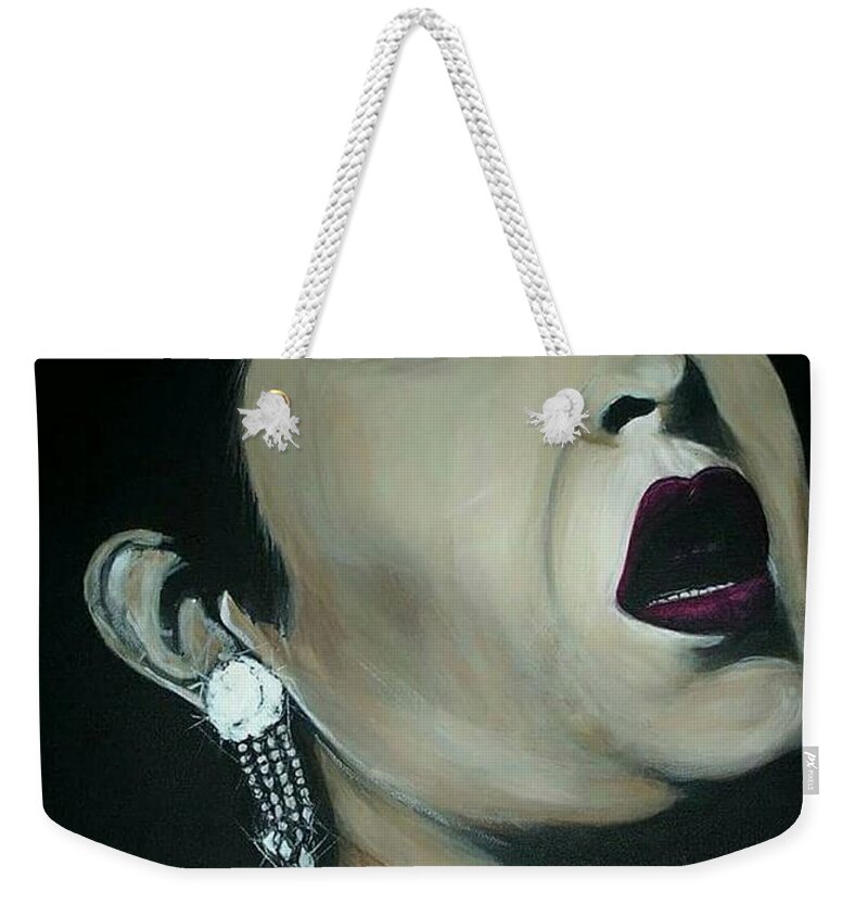 Blue's Singing Weekender Tote Bag featuring the painting Billy Holiday by Tyrone Hart