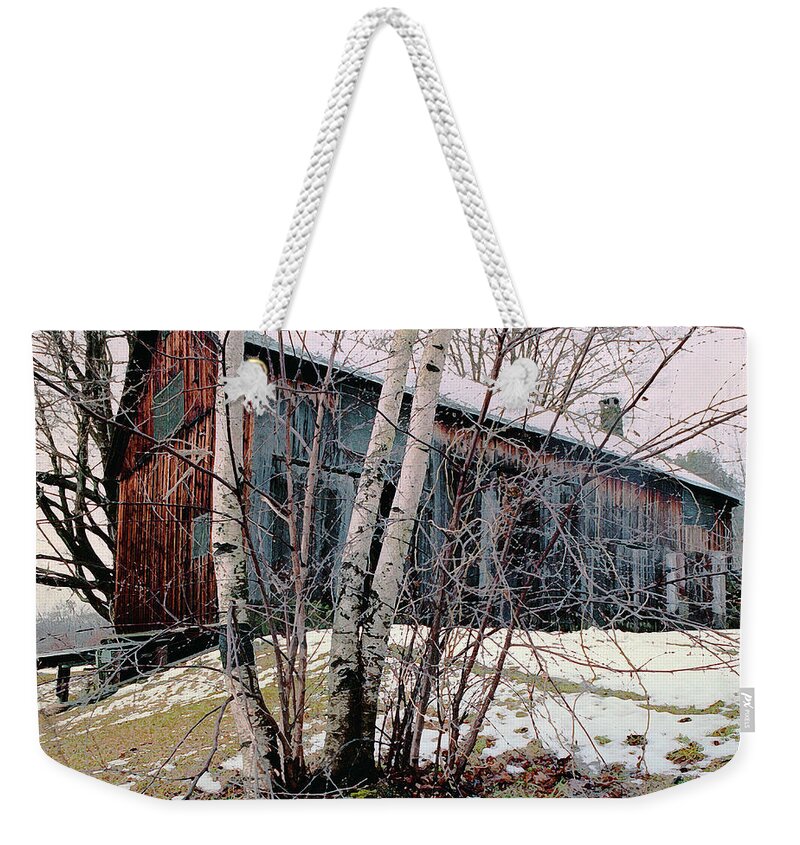 Nyoda Girls Camp Weekender Tote Bag featuring the digital art Birch Trees with Antique Barn, Winter Dusk at Camp Nyoda 1988 by Kathy Anselmo