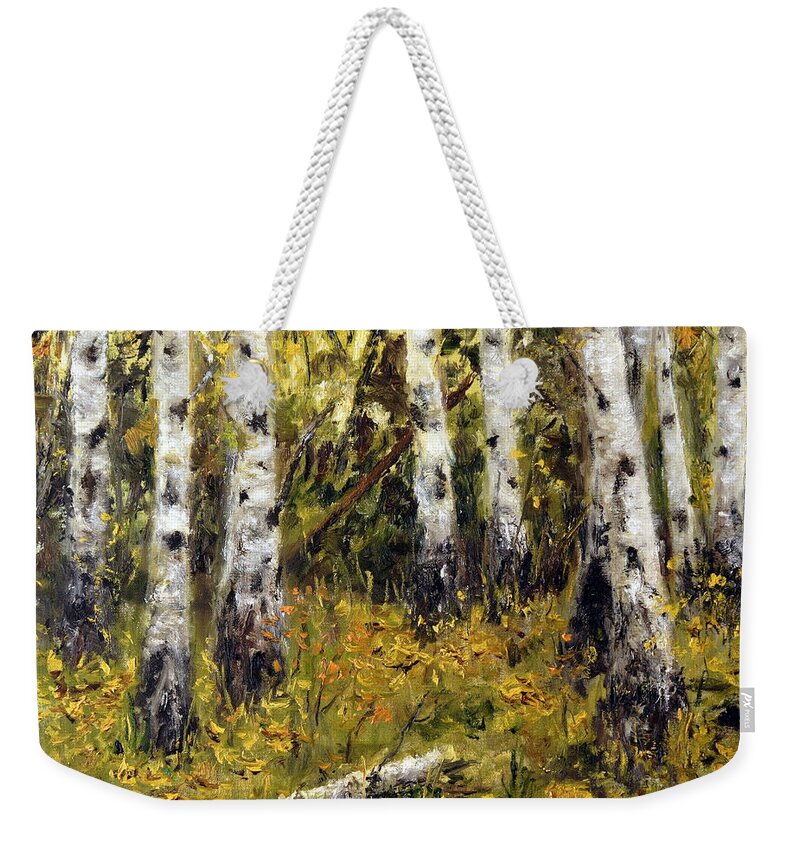 Landscape Weekender Tote Bag featuring the painting Birches by Arturas Slapsys