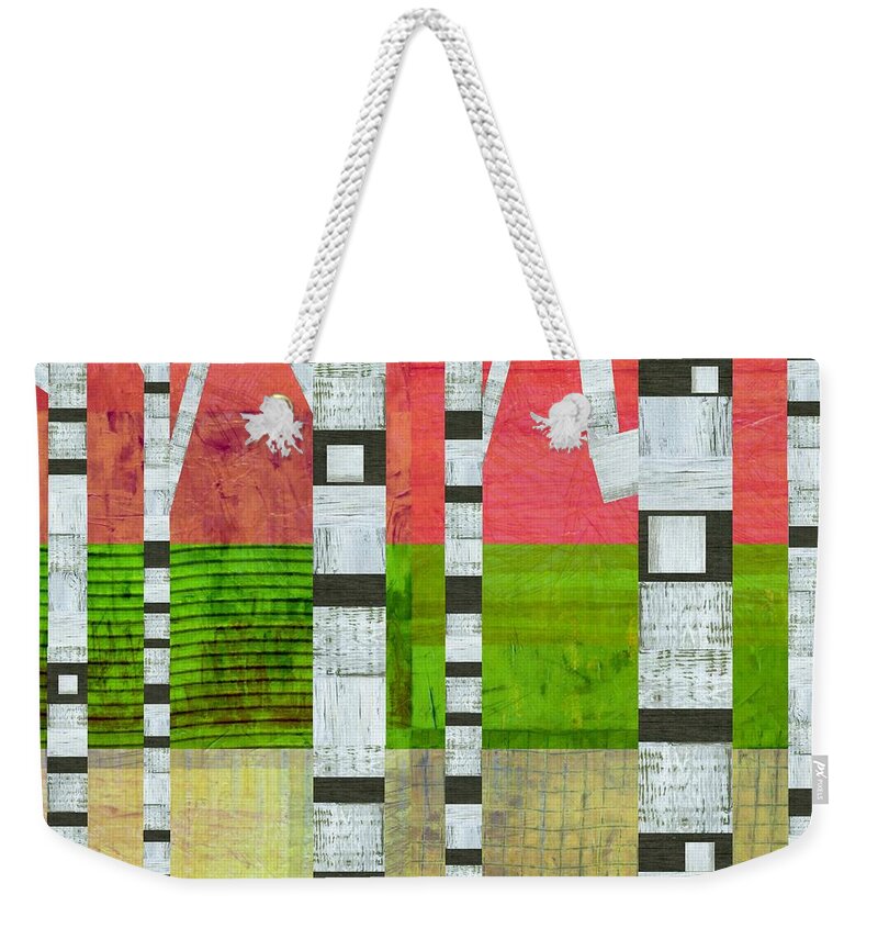 Stripes Weekender Tote Bag featuring the digital art Birches with Green and Cream by Michelle Calkins