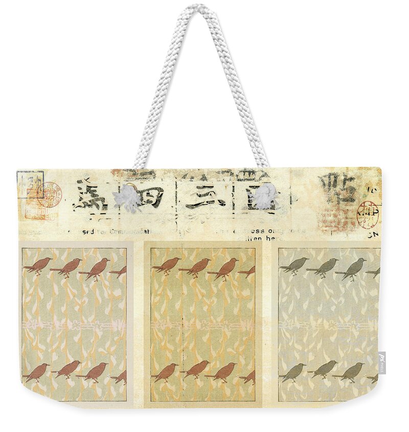 Postcard Weekender Tote Bag featuring the mixed media Bird Design by Carol Leigh