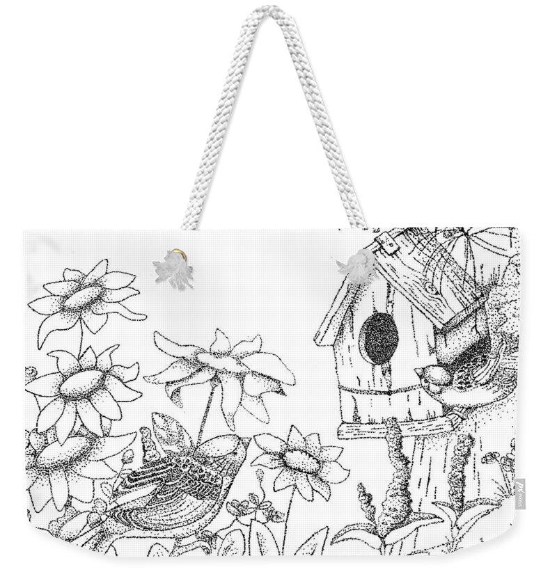 Birds Weekender Tote Bag featuring the drawing Bird House by Scarlett Royale