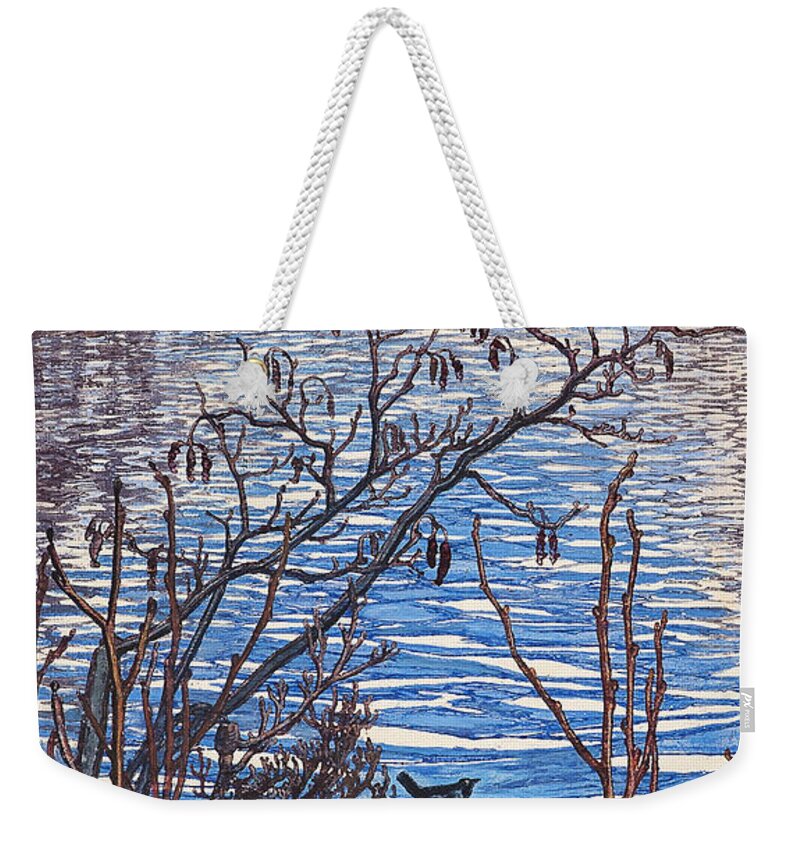 Astrup Weekender Tote Bag featuring the painting Bird on a Stone by MotionAge Designs