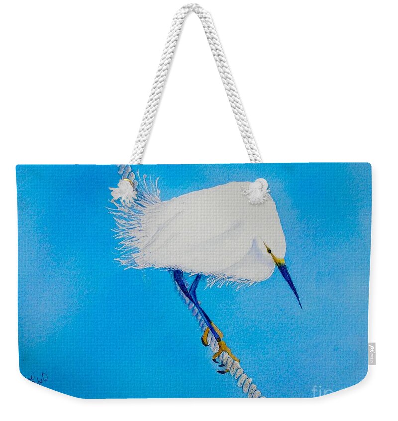 Blue Weekender Tote Bag featuring the painting Bird on a Wire by Midge Pippel