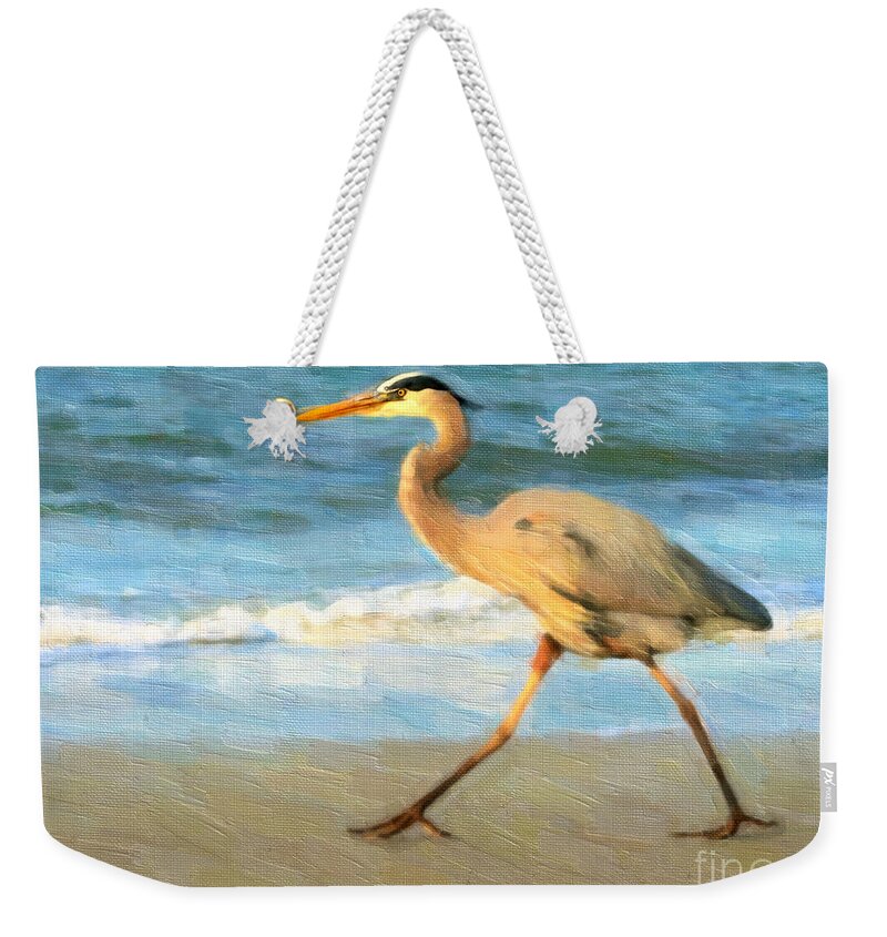 Blue Heron Weekender Tote Bag featuring the painting Bird with a Purpose by Chris Armytage