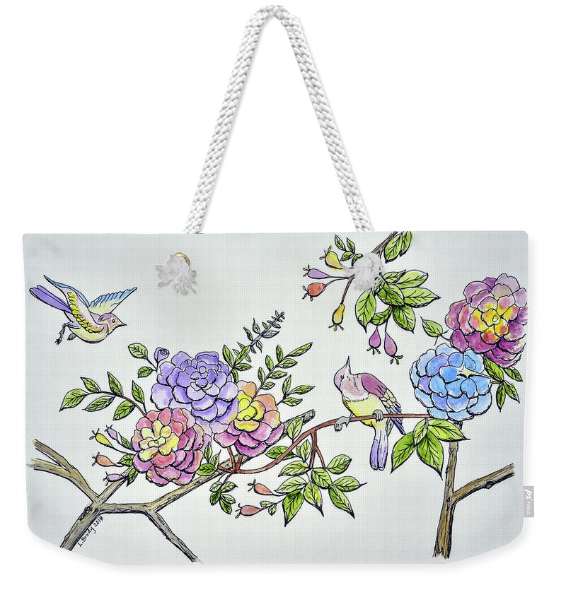Linda Brody Weekender Tote Bag featuring the painting Birds and Roses I by Linda Brody
