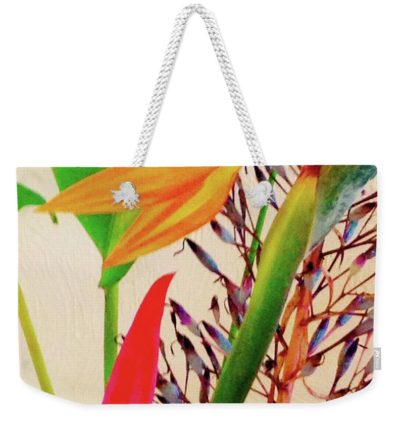 Flowers Of Aloha Birds Of Paradise Bromeliads Pretty Orange Weekender Tote Bag featuring the photograph Birds Bromeliads Halyconia by Joalene Young