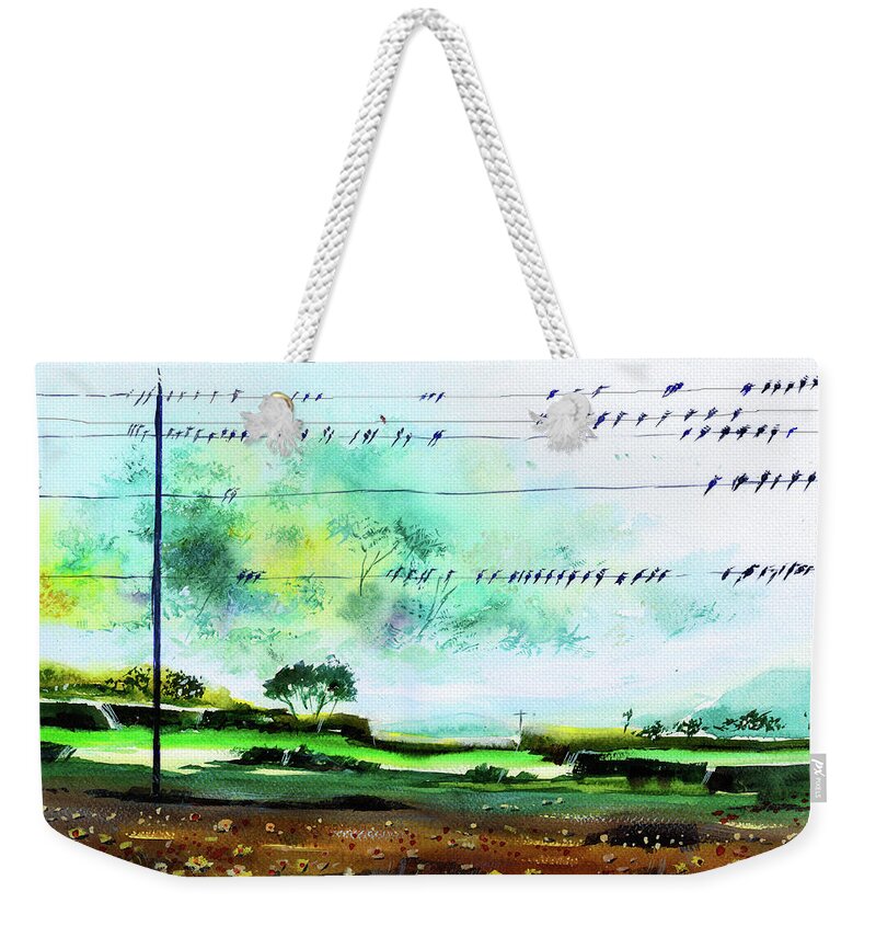 Nature Weekender Tote Bag featuring the painting Birds line up by Anil Nene