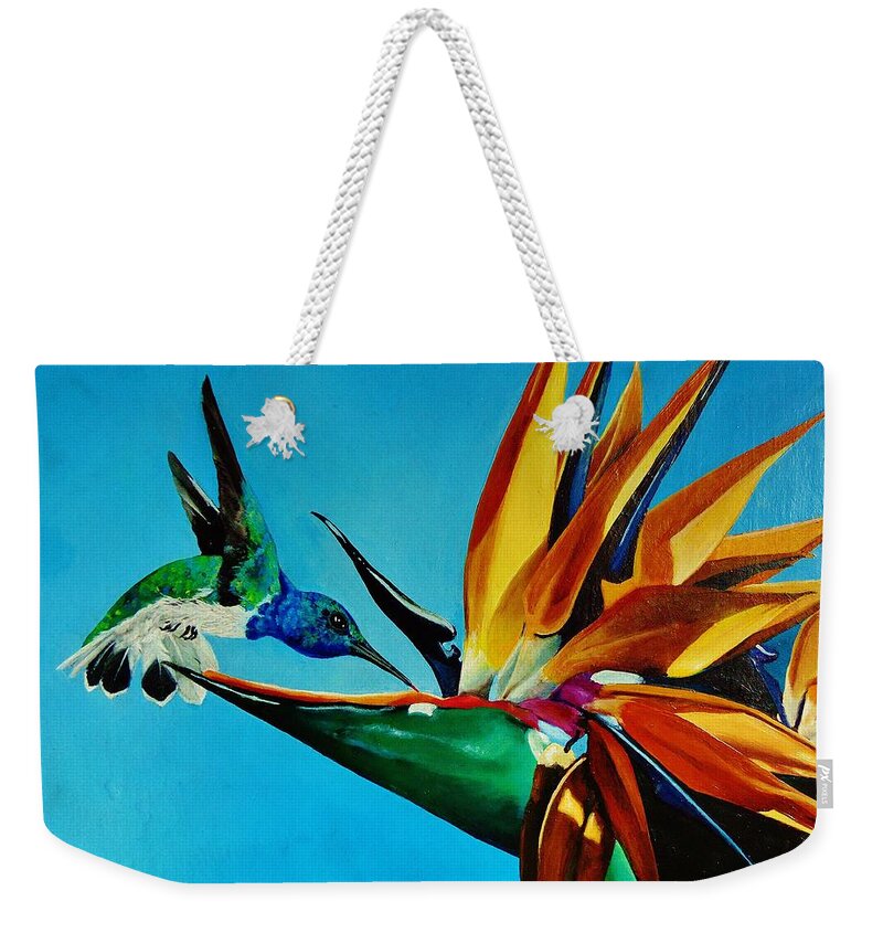 Birds Weekender Tote Bag featuring the painting Birds of Paradise with White necked Jacobin hummingbird by Dana Newman