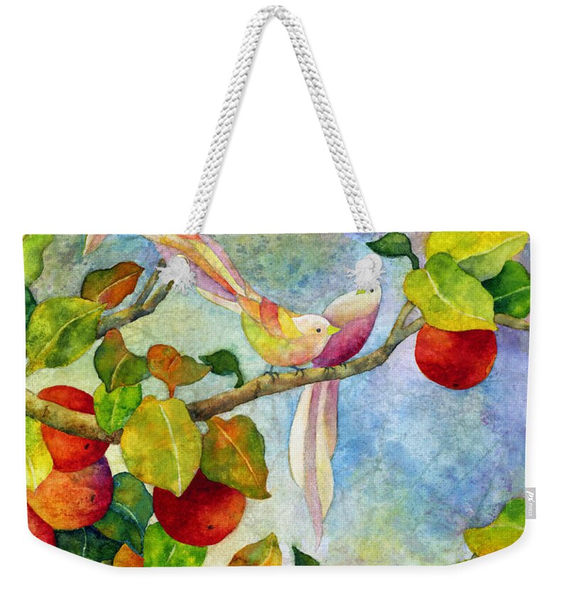 Birds Weekender Tote Bag featuring the painting Birds on Apple Tree by Hailey E Herrera