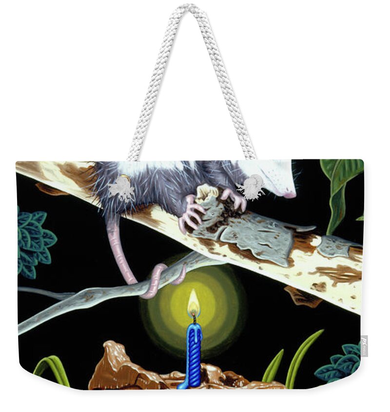 Opossum Weekender Tote Bag featuring the painting Birthday Surprise by Paxton Mobley
