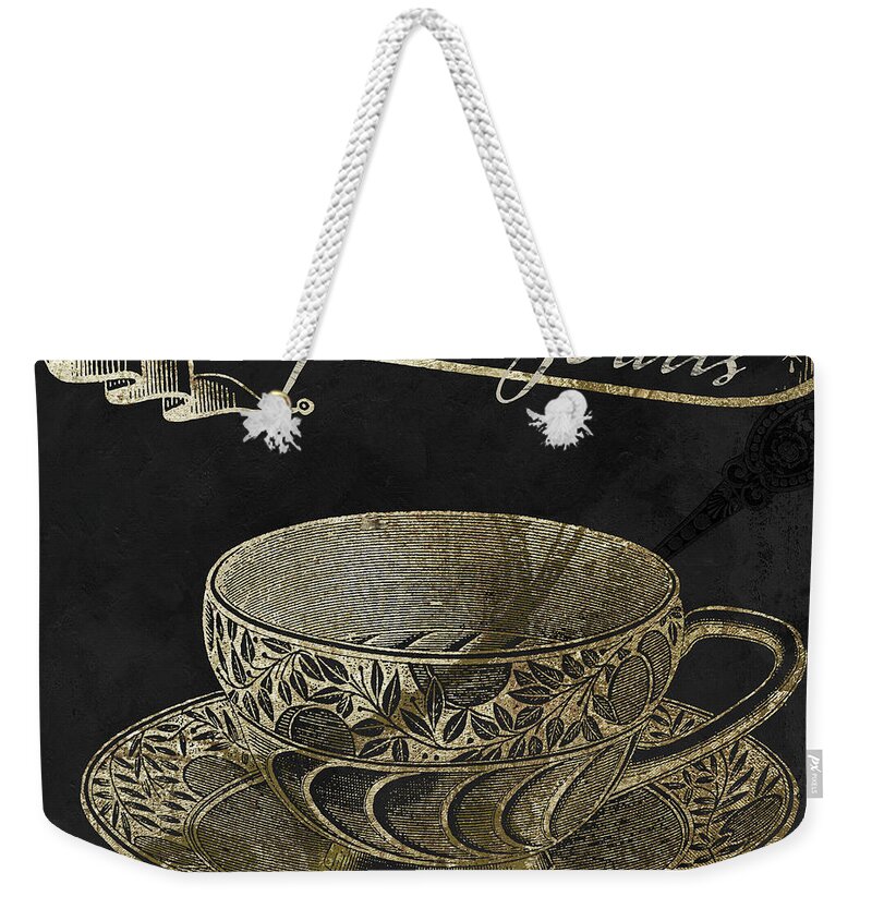 Bistro Weekender Tote Bag featuring the painting Bistro Parisienne Cafe de Paris Gold by Mindy Sommers