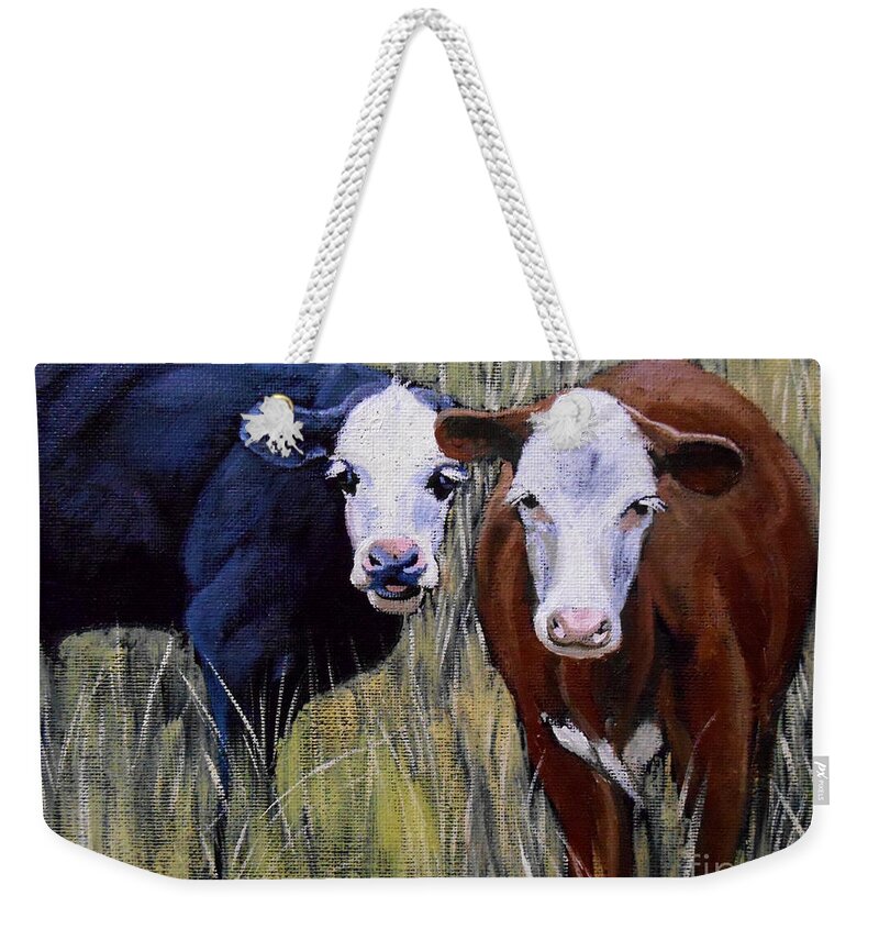 Cow Weekender Tote Bag featuring the painting Black and Brown Cow by Christopher Shellhammer