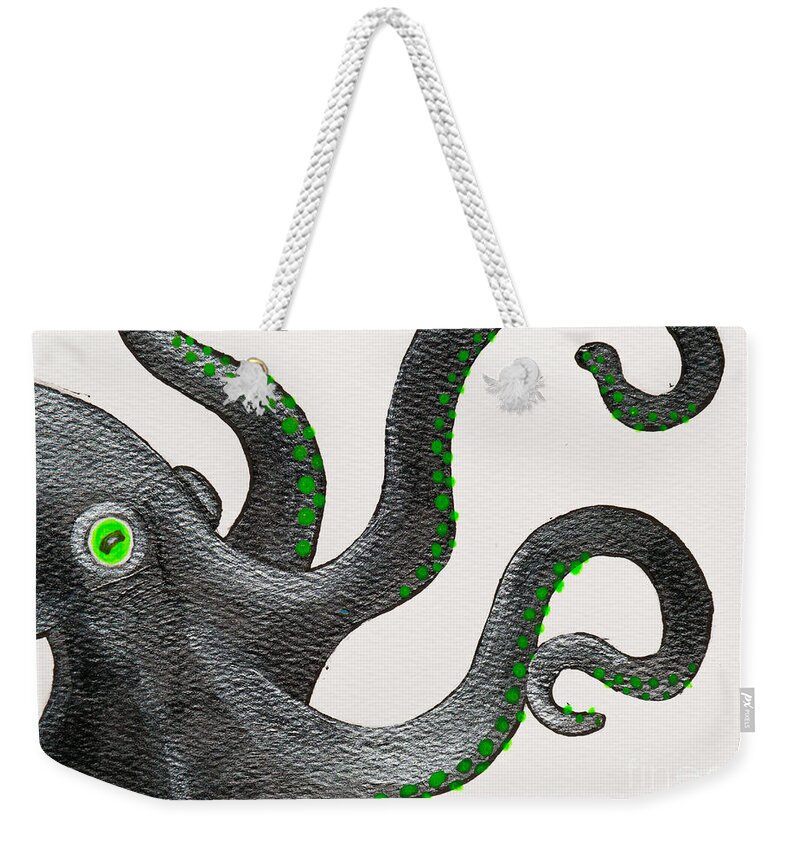 Octopus Weekender Tote Bag featuring the painting Black and green octopus by Stefanie Forck