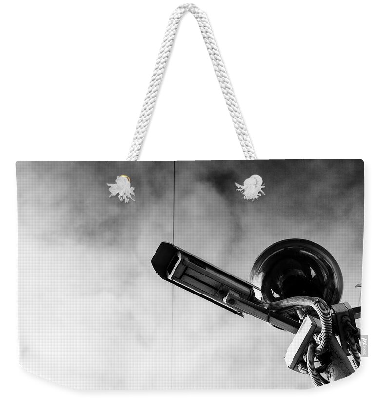 Cctv Security Weekender Tote Bag featuring the photograph Black and White Art Photograph of CCTV Camera by John Williams