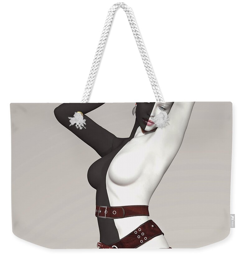 Black White Negro Caucasion Life Lives Matter Important Yin Yang Life Matters Black Matters White Matters All People Matter . Woman Duotone Monotone Print Painting Statement Weekender Tote Bag featuring the digital art Black and White Belted by Barbara Milton