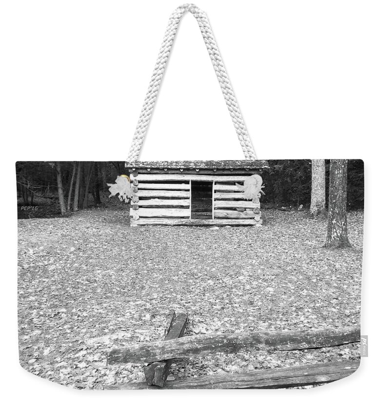 Cades Cove Weekender Tote Bag featuring the photograph Black And White Cabin by Phil Perkins
