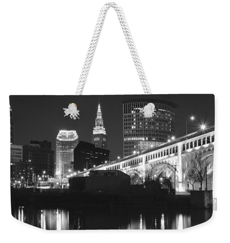 Black Weekender Tote Bag featuring the photograph Black and White Panorama of Cleveland by Frozen in Time Fine Art Photography