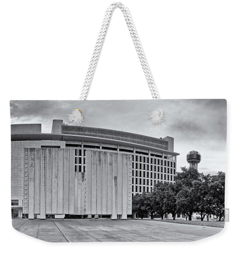 Dallas Weekender Tote Bag featuring the photograph Black and White Panorama of JFK Memorial and Old Red Museum - Dallas Texas by Silvio Ligutti