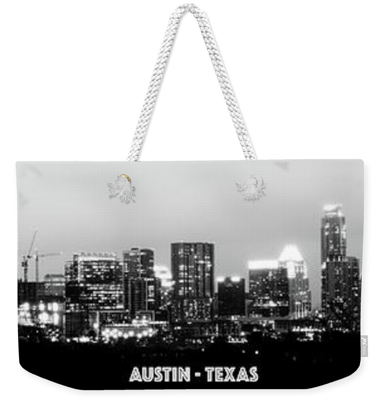 Austin Weekender Tote Bag featuring the photograph Black and White Panoramic View of Downtown Austin by PorqueNo Studios