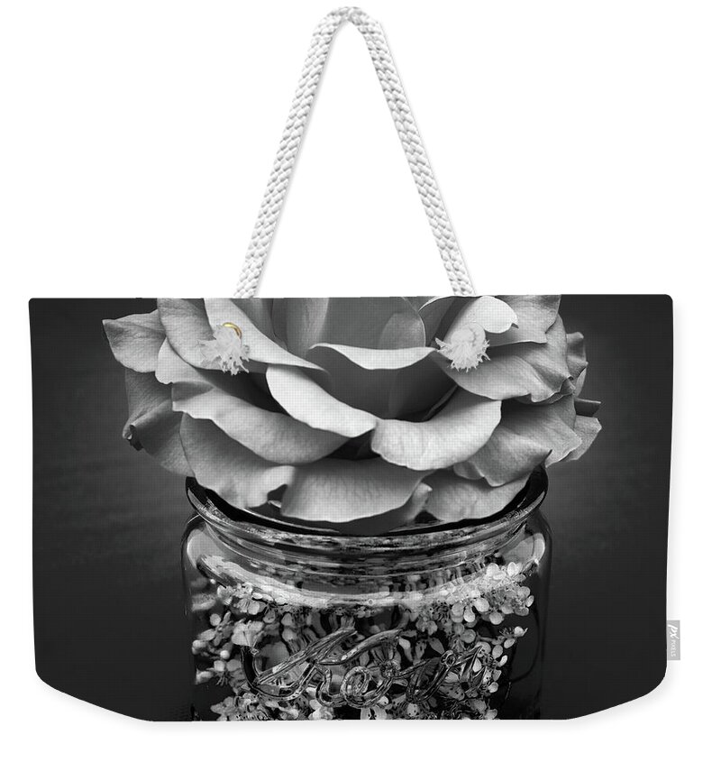 Rose Weekender Tote Bag featuring the photograph Black and White Rose Antique Mason Jar 2 by Kathy Anselmo