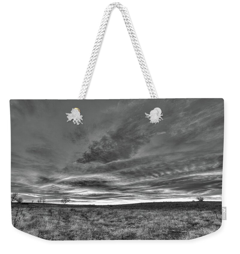 Sunrise Weekender Tote Bag featuring the photograph Black and White Sunrise on the Plains by Tony Hake