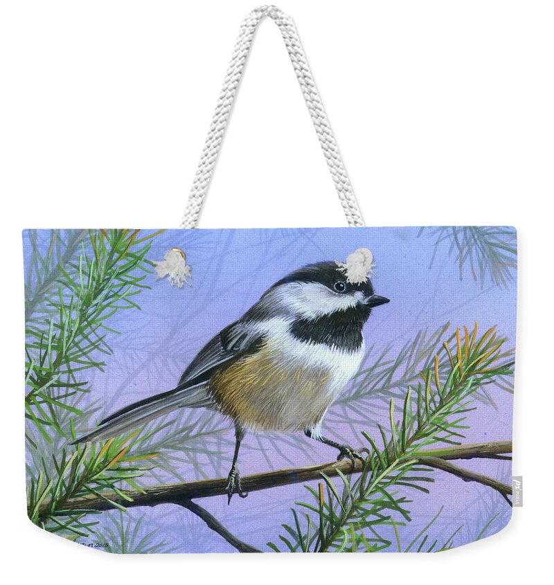 Black Capped Weekender Tote Bag featuring the painting Black Cap Chickadee by Mike Brown