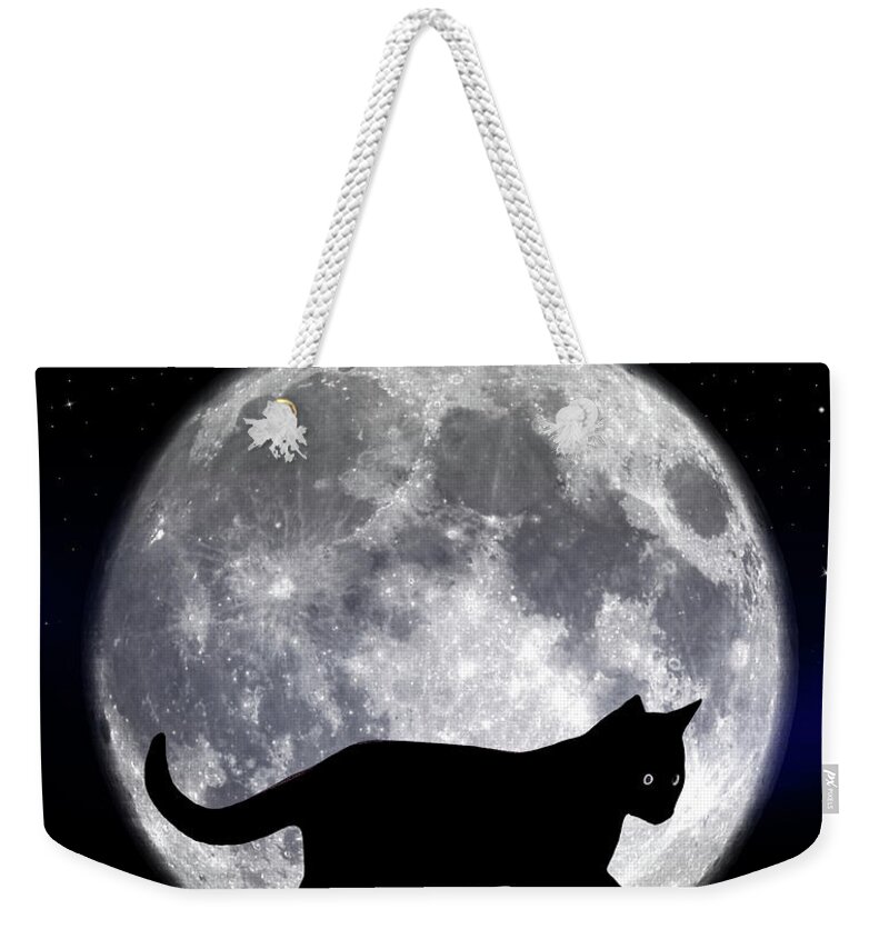 Halloween Weekender Tote Bag featuring the photograph Black Cat And Full Moon 2 by Nina Ficur Feenan